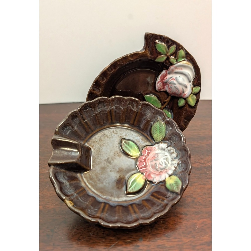 Vintage Occupied Japan Ceramic Ashtrays Brown Floral Hand Painted 4.5" 1945-52